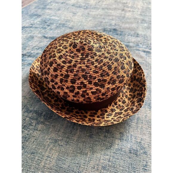 Eric Javits Tan and Brown Leopard Animal Print Straw Hat With Ribbon Bow - Picture 9 of 9
